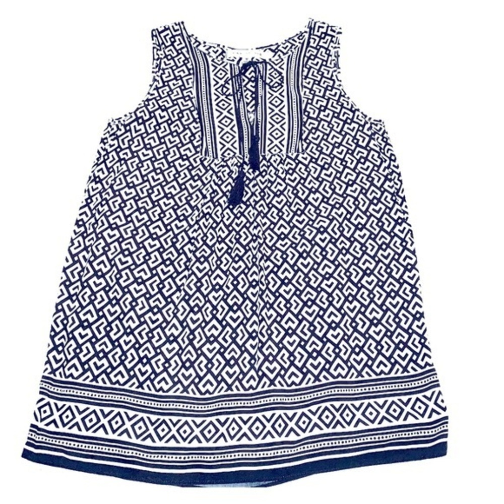 Max Studios size M navy blue & white tassel tie front Rayon sleeveless blouse
